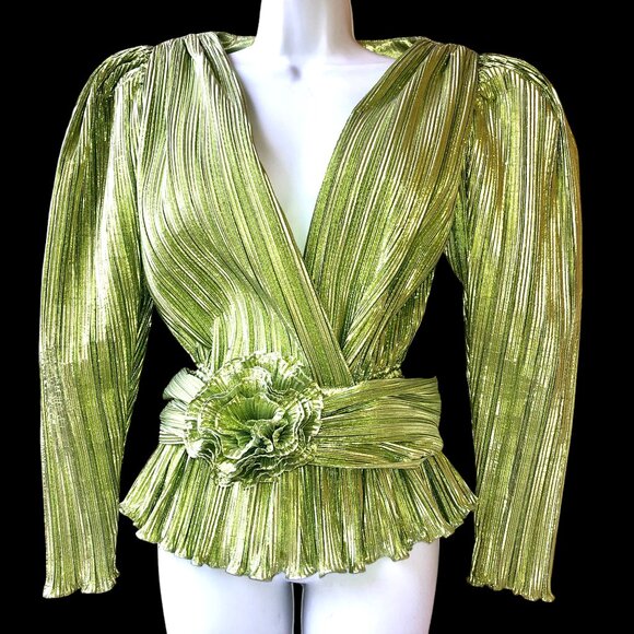 Vintage 80's Metallic Peridot Accordian Pleats Evening Blouse Belt Flower - Picture 4 of 14